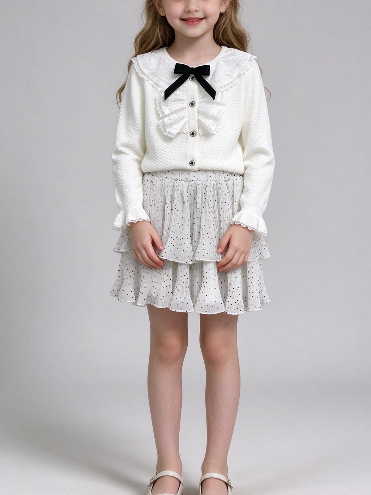 White Knit Girls 2 Piece Outfit Bow Ruffle Sweater + Polka Dot Tiered Skirt Set