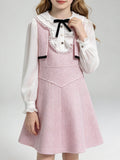 Girls Pink Tweed Dress Puff Long Sleeve Fake Two Piece Kids Party Dress
