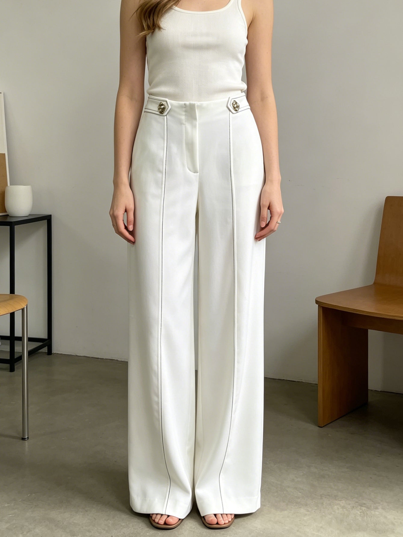 White High-Waisted Wide-Leg Trousers | Contrast Stitch Pants with Gold Waist Buttons, Elegant Office & Formal Wear