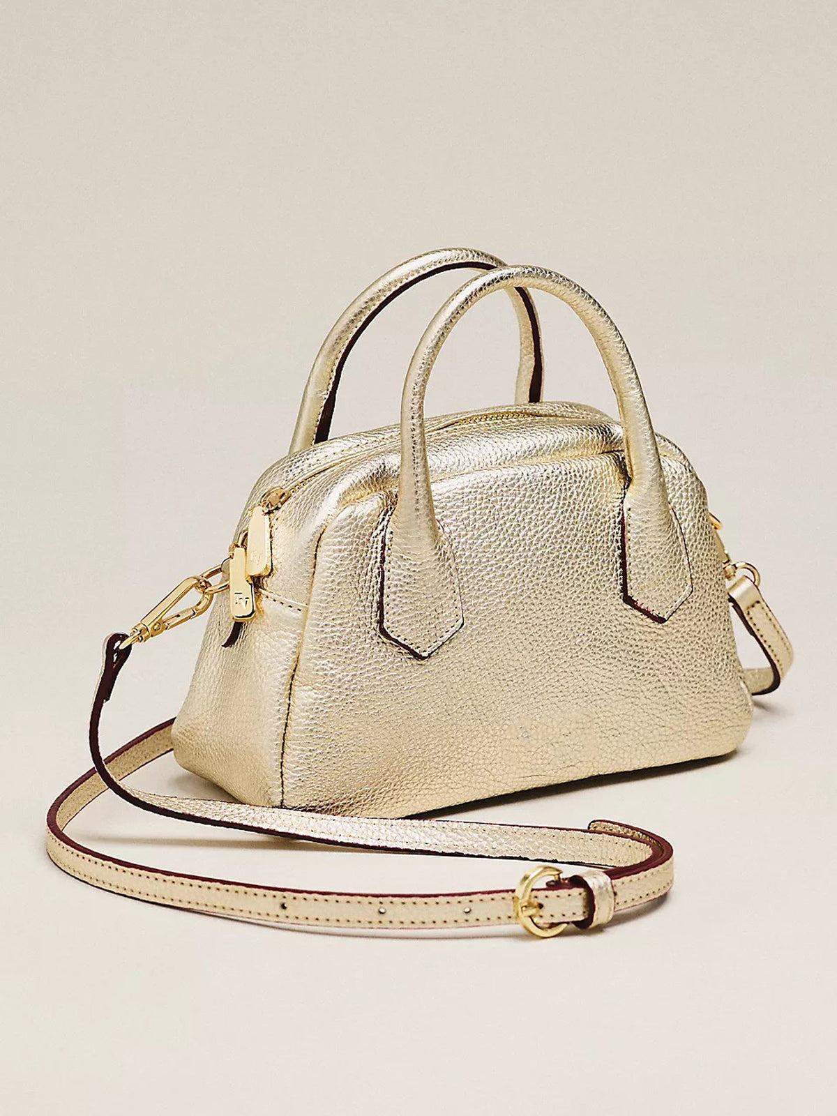 Women Shiny Gold Mini Boston Bag | Pebbled Faux‑Leather 2‑Way Wear Top‑Handle Crossbody Purse