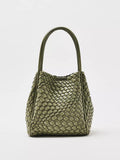 Olive Green Woven Faux‑Leather Mini Tote Bag – Ladies Daily Shoulder Handbag