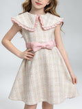 Girls Tweed Sleeveless Dress, Kids Ruffle Big Collar A-Line Party Dress with Pink Bow Belt
