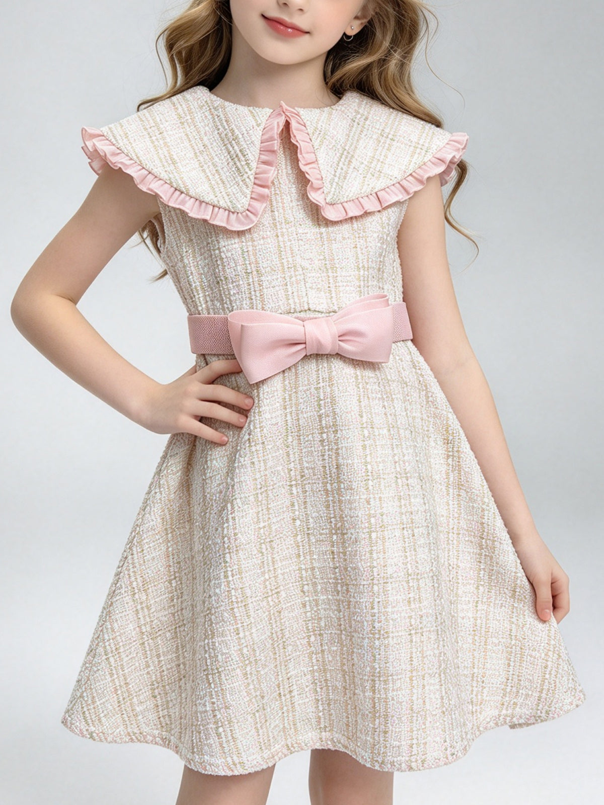 Girls Tweed Sleeveless Dress, Kids Ruffle Big Collar A-Line Party Dress with Pink Bow Belt