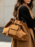 Tan Suede Drawstring Tote Bag, Large Soft Shoulder Bag with Front Pocket for Women