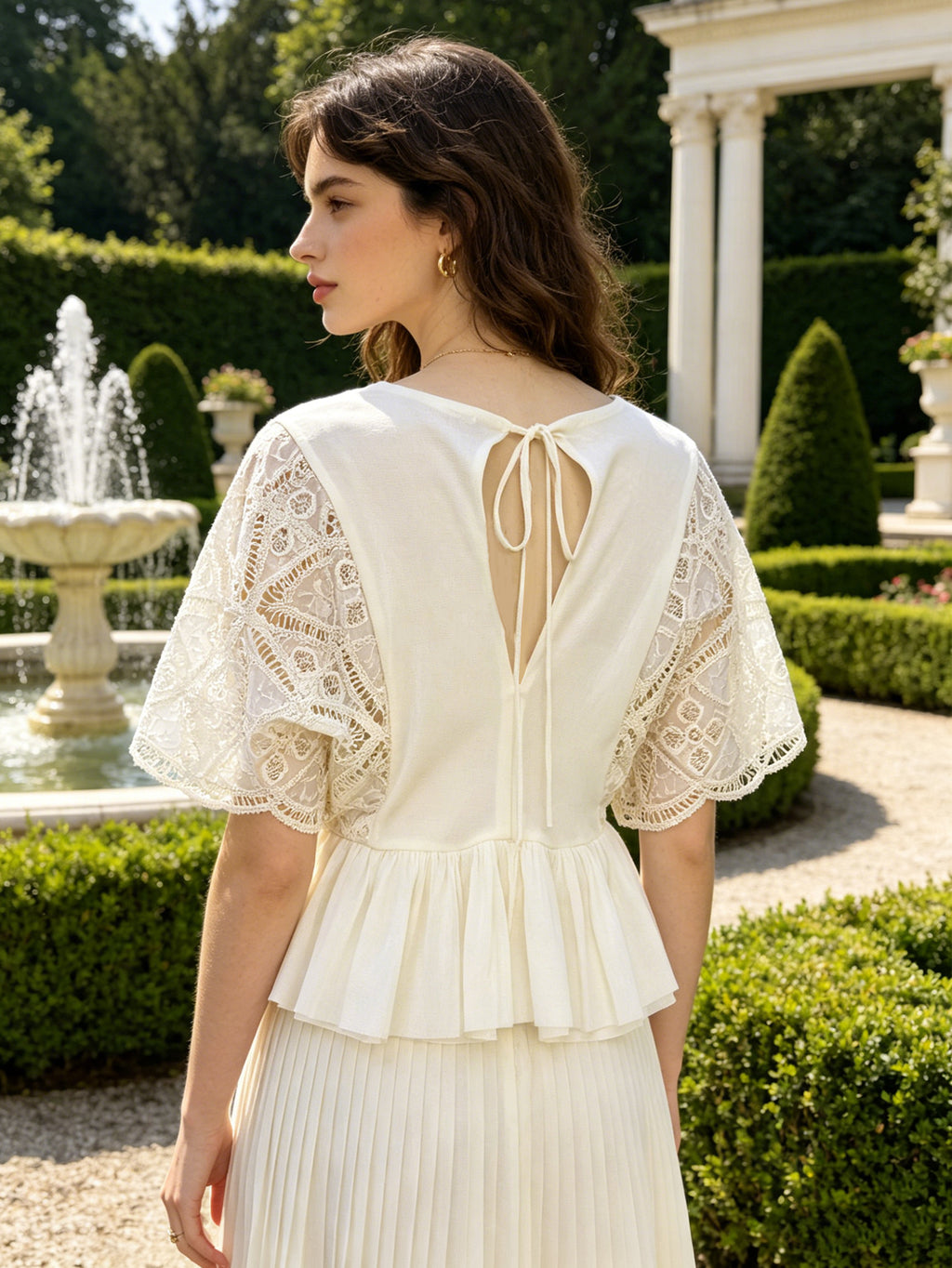 White Lace Sleeve Peplum Blouse | Crochet Batwing Top with Drawstring Waist & Open Back