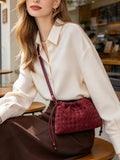 Wine Red Waffle Quilted Drawstring Crossbody Bag, Small Ruched Shoulder Purse for Women
