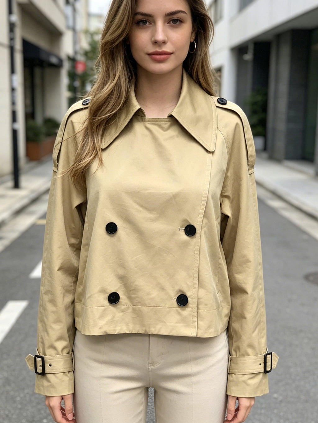 Chic Beige Cropped Trench Coat | Short Double-Breasted Jacket, Perfect for Spring & Casual Outings