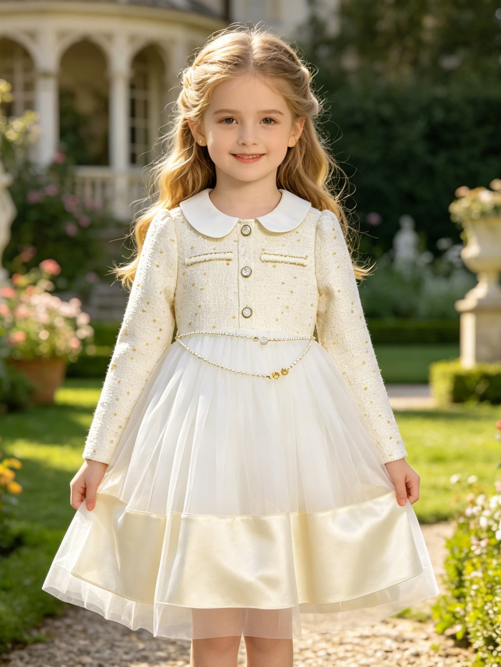 Chic Ivory Tweed Tulle Dress for Girls | Elegant Pearl Waist & Peter Pan Collar, Perfect for Weddings & Birthdays