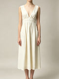 Women Deep V‑Neck Sleeveless Midi Dress Cream Textured A‑Line Midi Dress With Side Pockets