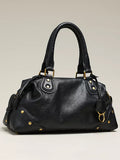 Women Vintage Black Satchel Bag | Pebbled Faux‑Leather Gold Rivet Hardware Soft Slouchy Top‑Handle Shoulder Handbag