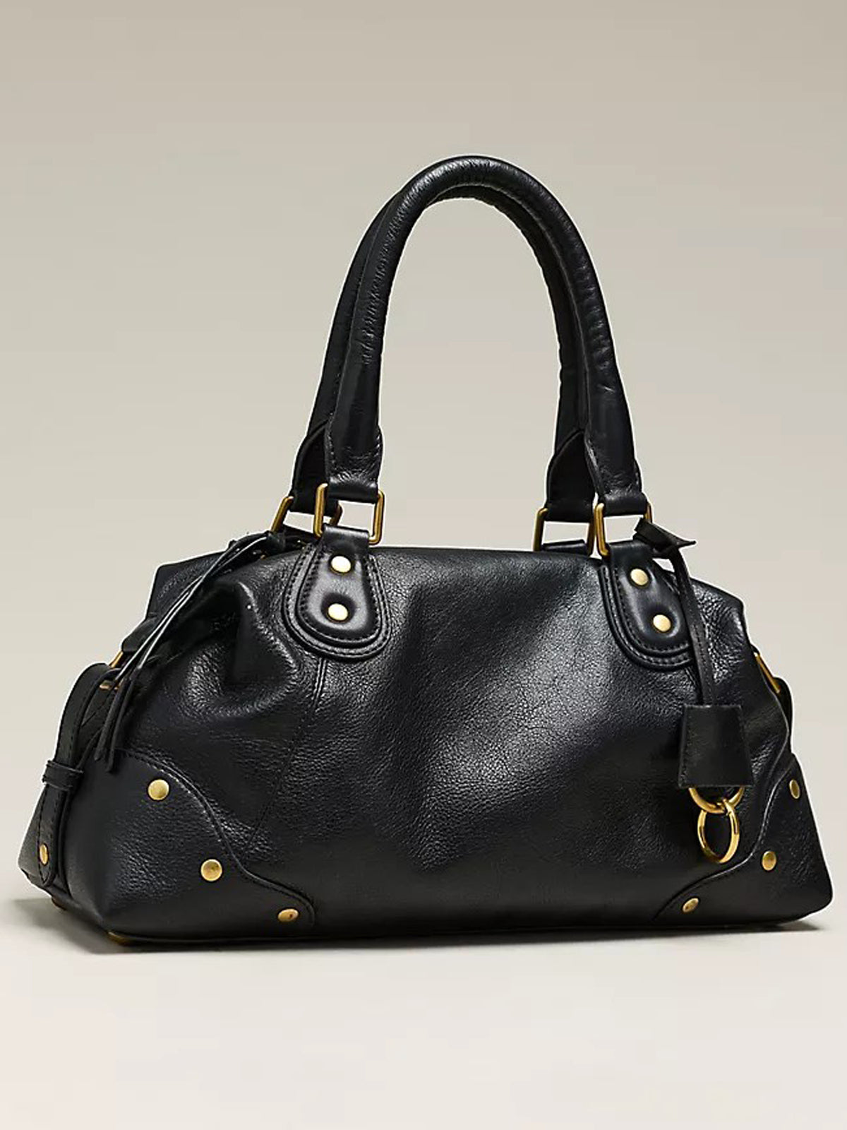 Women Vintage Black Satchel Bag | Pebbled Faux‑Leather Gold Rivet Hardware Soft Slouchy Top‑Handle Shoulder Handbag