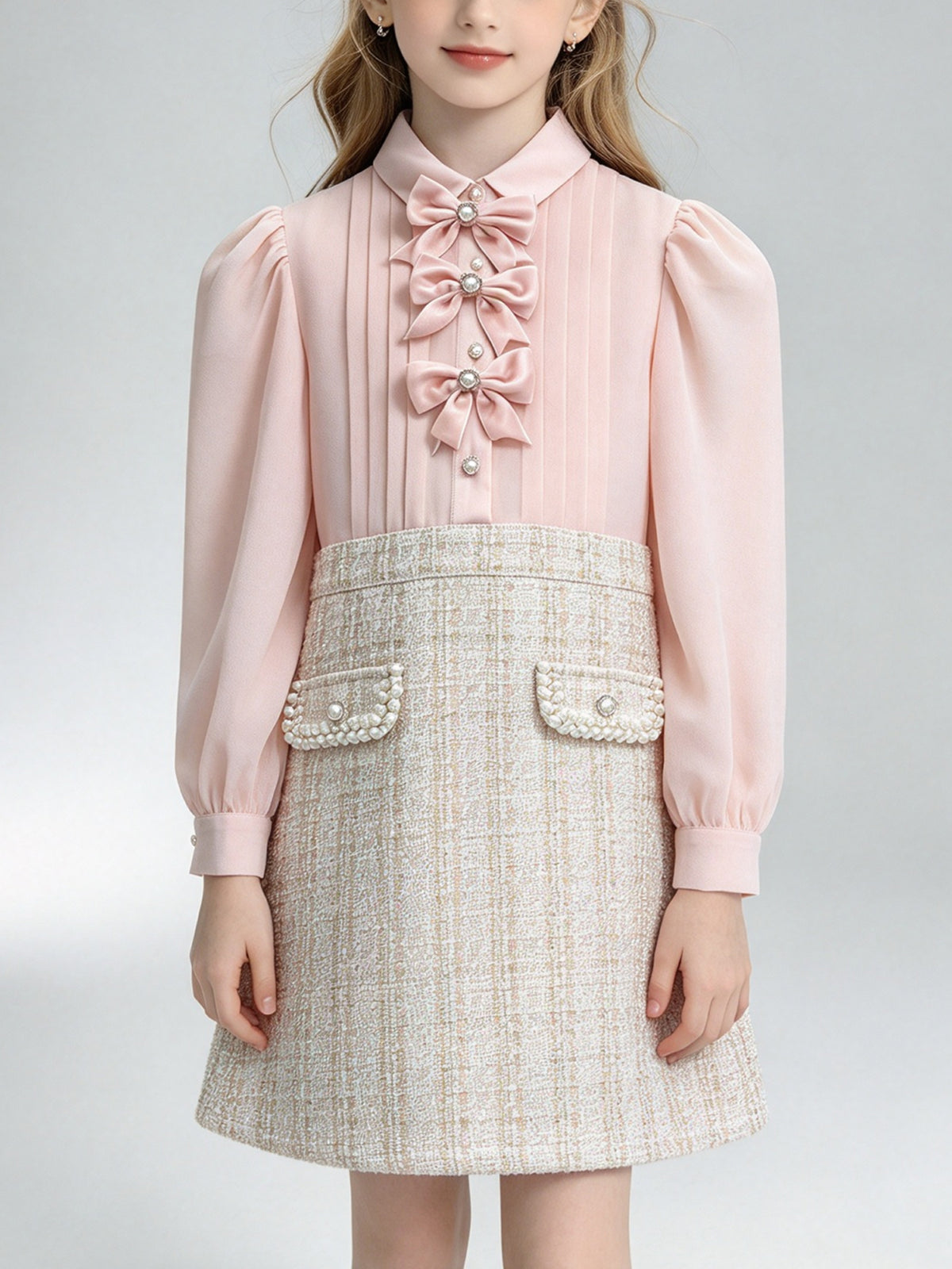 Girls' Pink Puffed-Sleeve Dress, Elegant Children's Party Dress