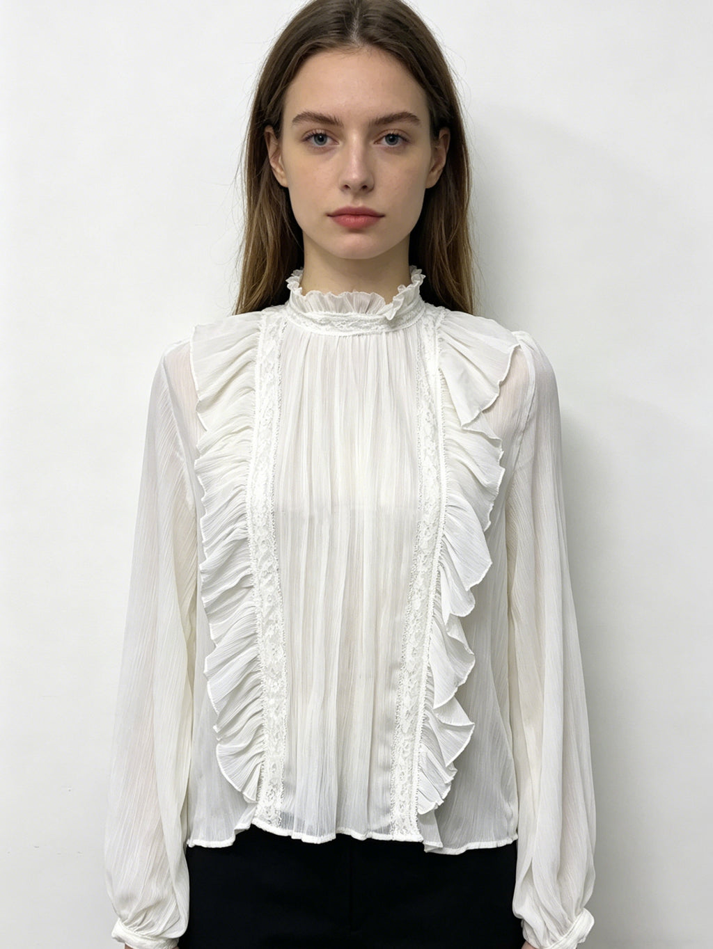 White Ruffled Lace Chiffon Blouse | Sheer Long Sleeve High Neck Top with Victorian Ruffles, Romantic & Elegant Wear