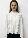 White Ruffled Lace Chiffon Blouse | Sheer Long Sleeve High Neck Top with Victorian Ruffles, Romantic & Elegant Wear
