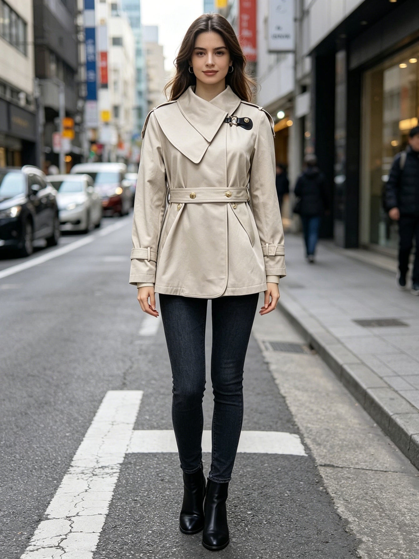 Chic Beige Asymmetrical Collar Trench Coat | Belted Short Trench Jacket, Perfect for Spring & Fall