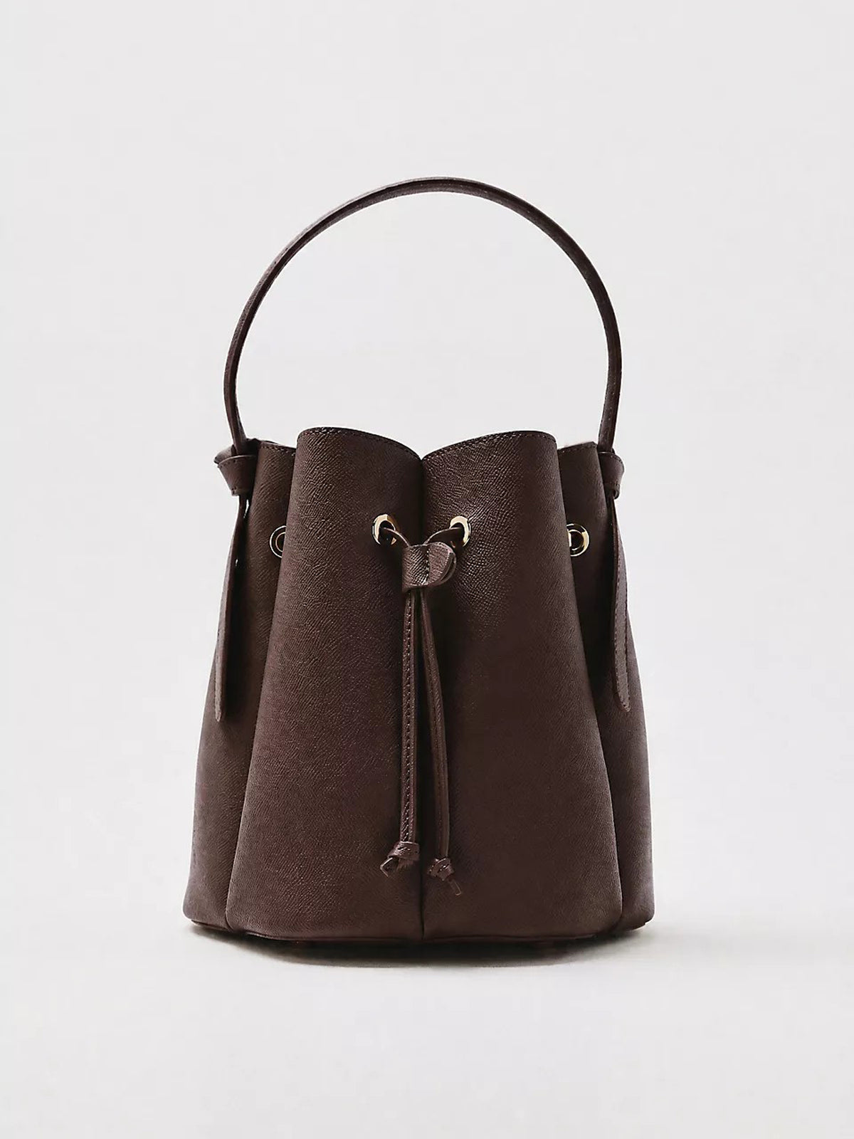 Dark Brown Drawstring Bucket Bag – Ladies Cross‑Grain Faux‑Leather Top‑Handle Handbag
