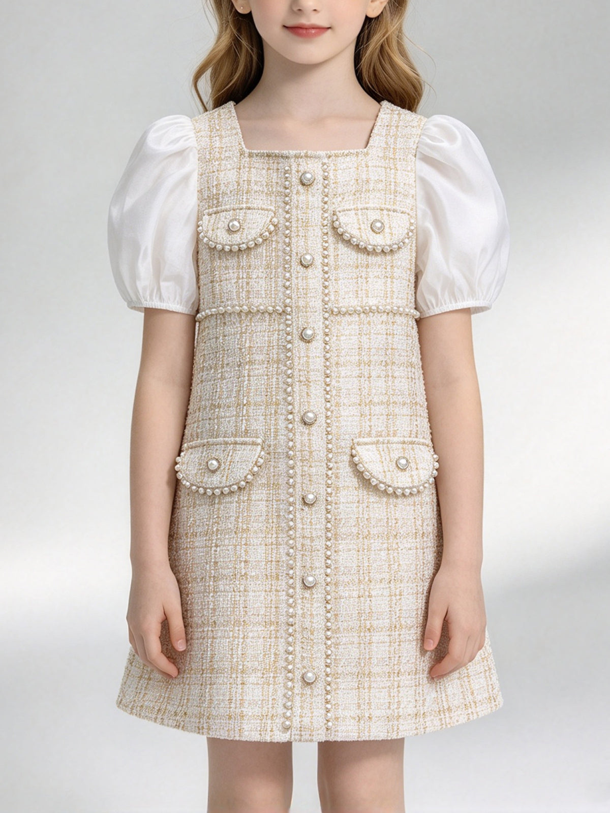 Kid Girl White Puff Sleeve Tweed A-line Dress Pearl Pocket Formal Outfit