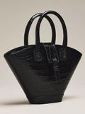 Women Black Fan‑Shaped Tote Bag | Croc‑Embossed Faux‑Leather Tab‑Flap Closure Top‑Handle Fashion Purse
