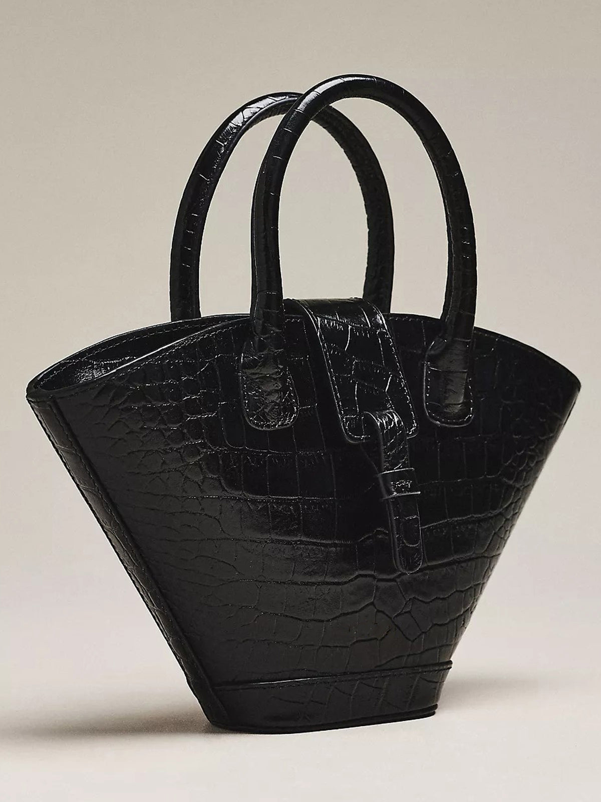 Women Black Fan‑Shaped Tote Bag | Croc‑Embossed Faux‑Leather Tab‑Flap Closure Top‑Handle Fashion Purse