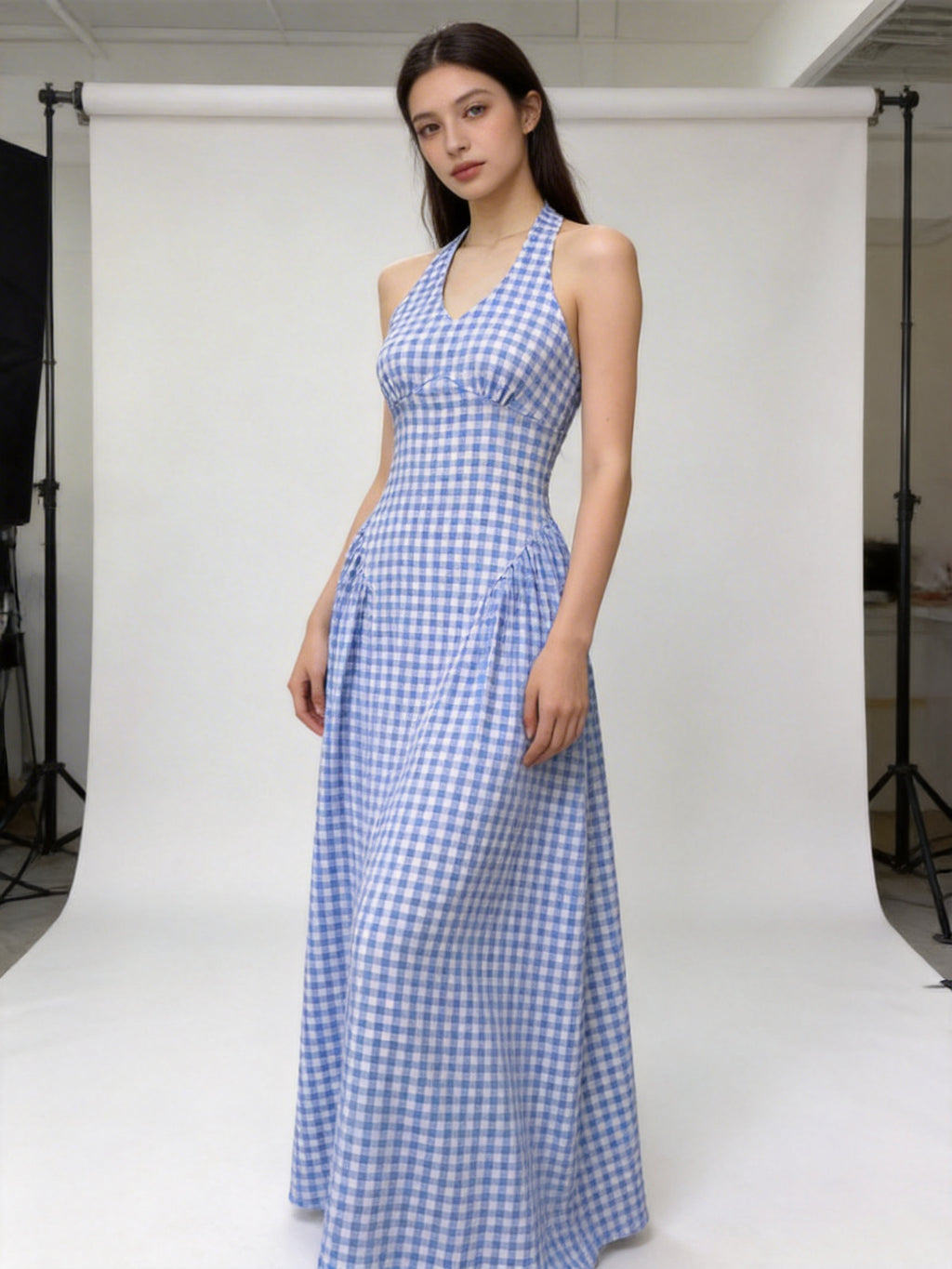Blue White Gingham Halter Maxi Dress | Sleeveless Tie Back V Neck Summer Vacation Dress for Women