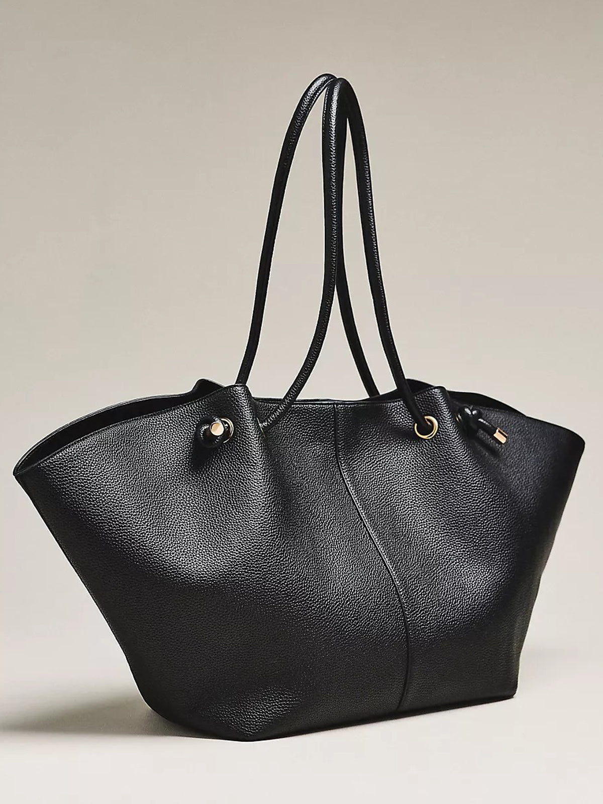 Women Black Oversized Tote Bag | Pebbled Faux‑Leather Drawstring Detail Gold Hardware Work Shoulder Purse