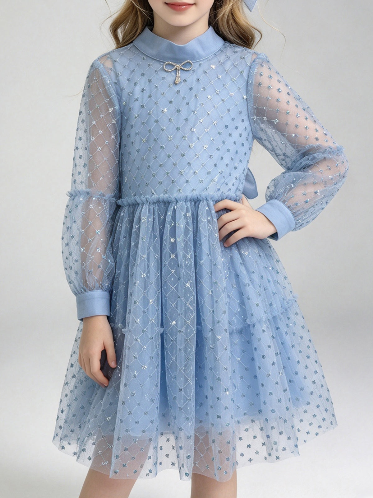 Kid Girl Sparkle Mesh Tiered Dress Rhinestone Bow Blue Party Dress