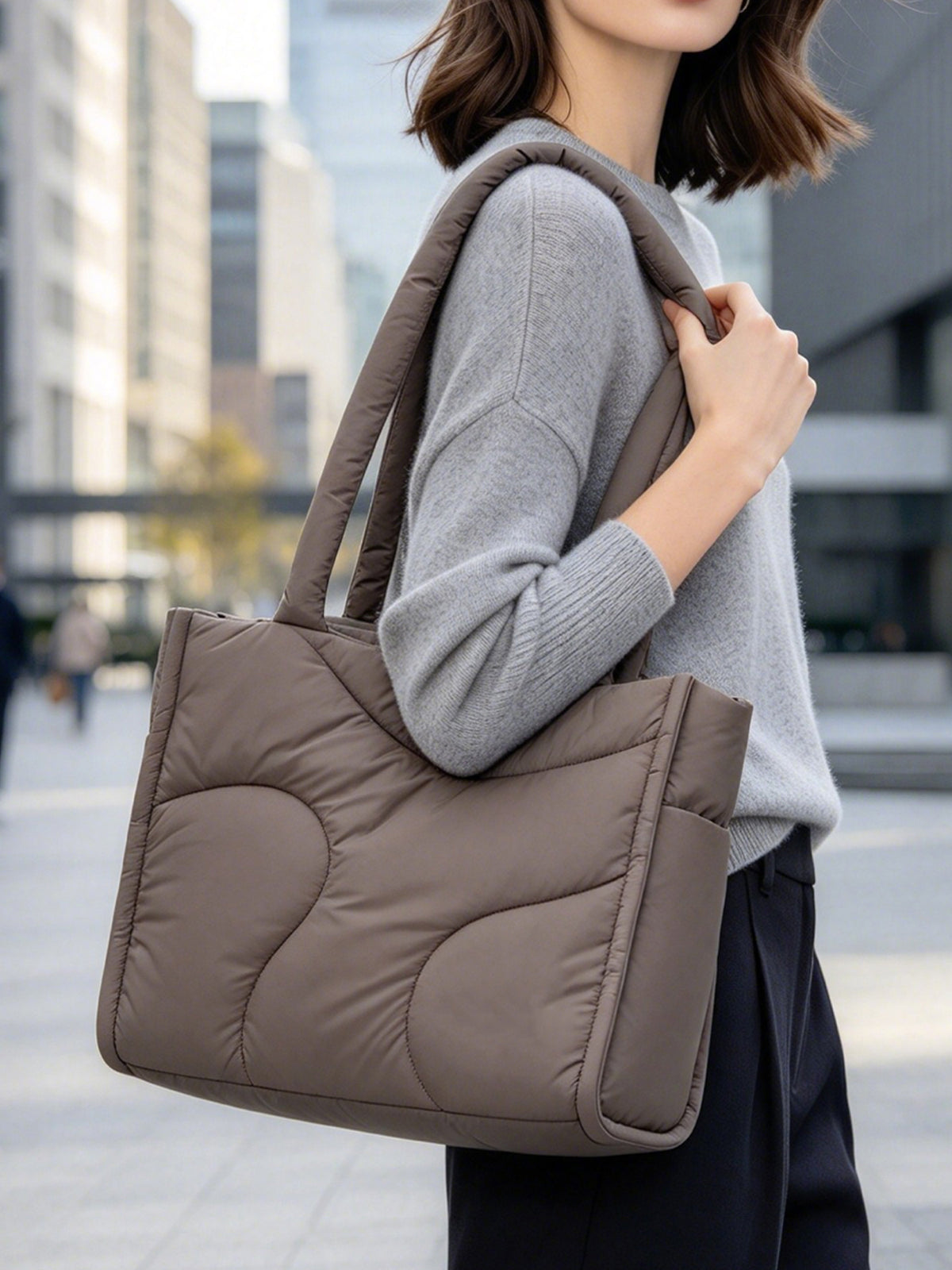 Brown Puffer Quilted Tote Bag, Lightweight Padded Shoulder Handbag for Women Winter