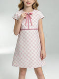 Girls Pink Pattern Tweed Short Sleeve Dress, Kids Elegant A-Line Party Dress with Velvet Bow