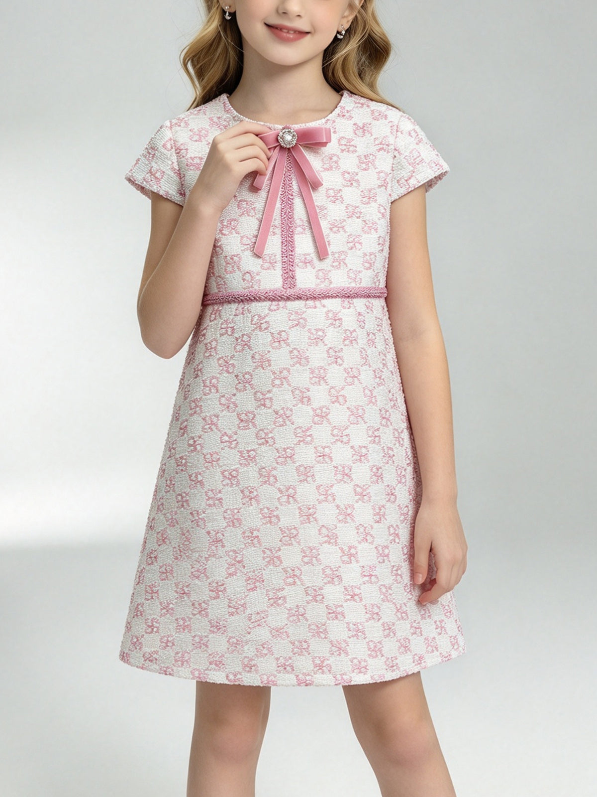 Girls Pink Pattern Tweed Short Sleeve Dress, Kids Elegant A-Line Party Dress with Velvet Bow