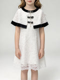 Girls' Lace Dress with Cape, Black-Trimmed Bow, Formal Wedding Party Dress for Children