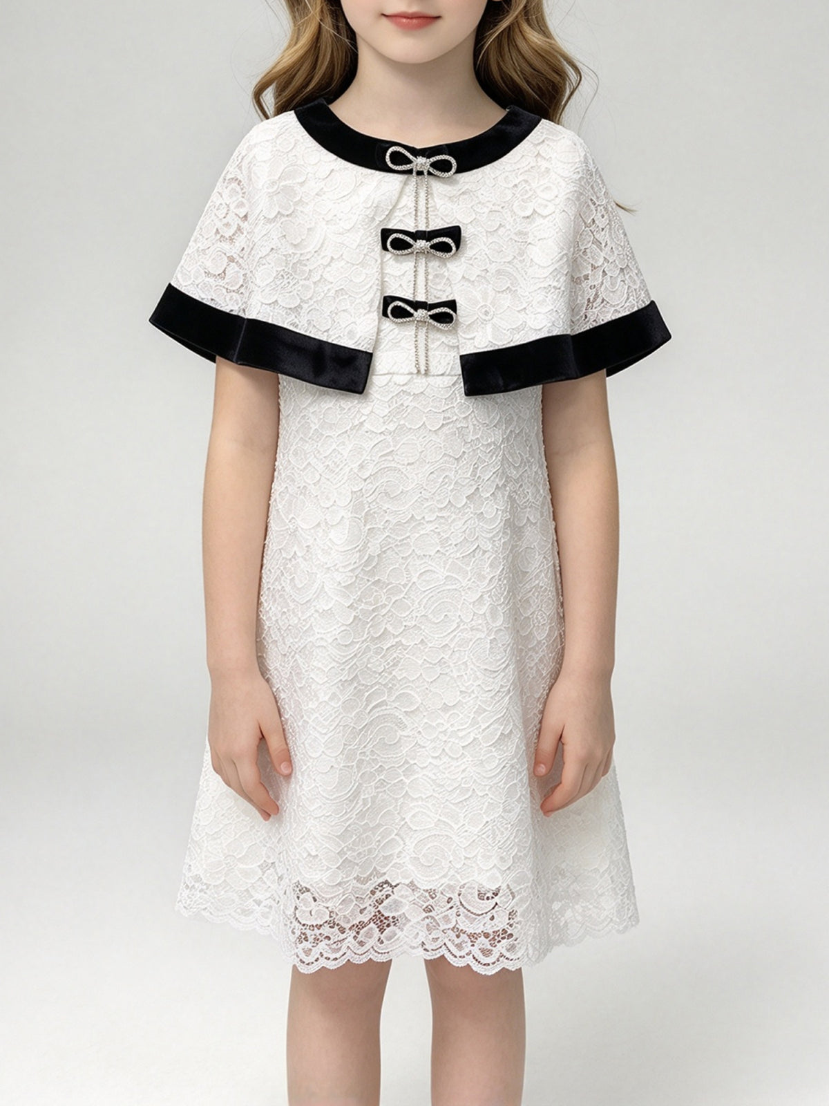 Girls' Lace Dress with Cape, Black-Trimmed Bow, Formal Wedding Party Dress for Children