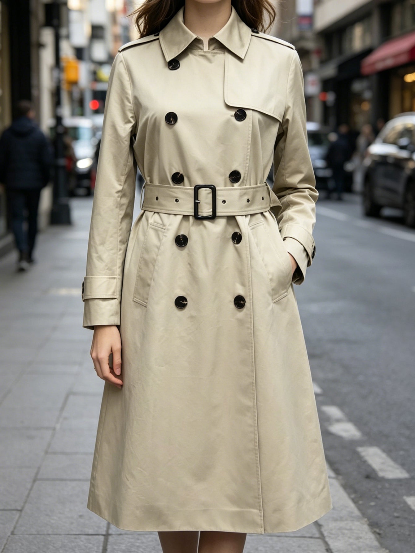 Chic Beige Classic Trench Coat | Double-Breasted Belted Mid-Length Coat, Perfect for Spring & Fall