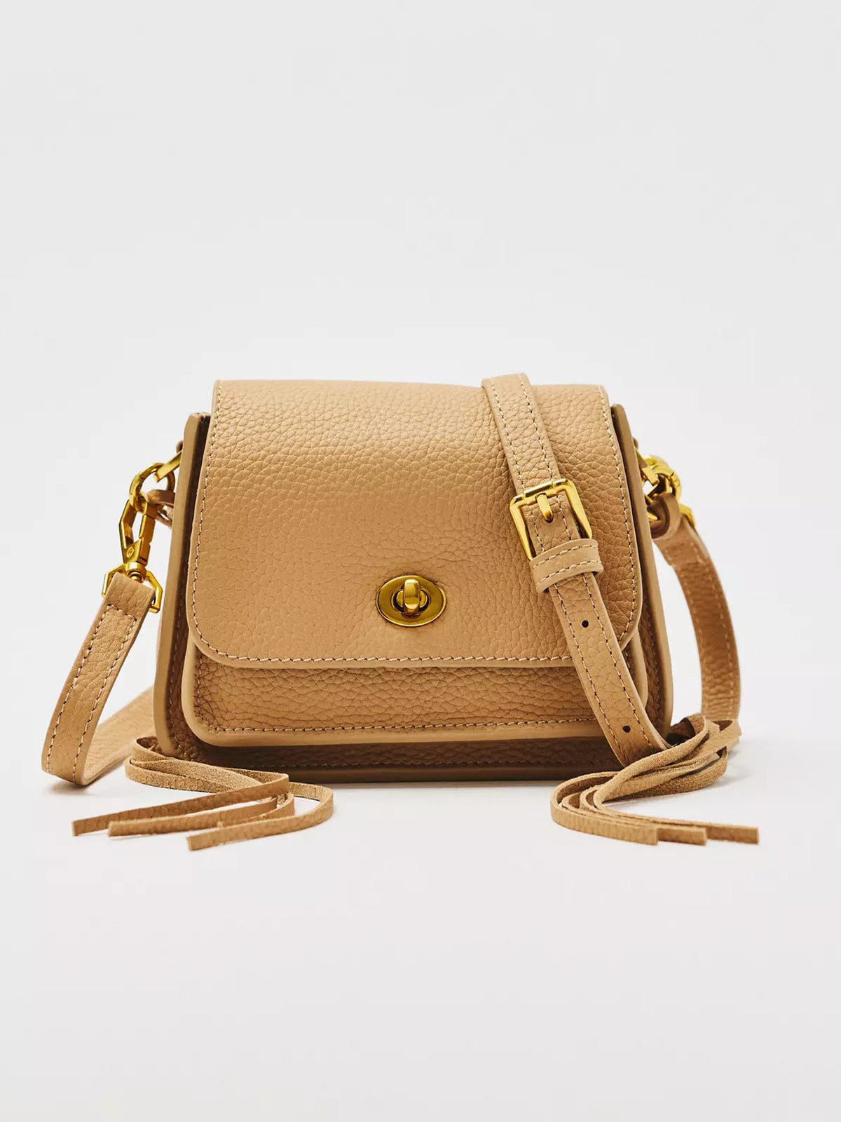 Women Beige Mini Flap Crossbody Bag | Pebbled Faux‑Leather Gold Turn‑Lock Fringe Tassel Vintage Shoulder Purse