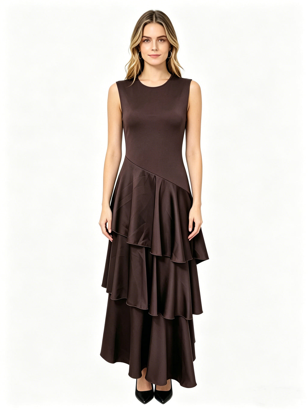 Dark Brown Sleeveless Round Neck Tiered Maxi Dress with Asymmetrical Ruffle Layers | Elegant Long Gown for Evening Parties, Work Events & Special Occasions