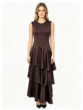 Dark Brown Sleeveless Round Neck Tiered Maxi Dress with Asymmetrical Ruffle Layers | Elegant Long Gown for Evening Parties, Work Events & Special Occasions