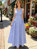 Blue White Gingham Halter Maxi Dress | Sleeveless Tie Back V Neck Summer Vacation Dress for Women