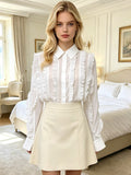 White Ruffled Sheer Chiffon Blouse | Button-Down Shirt with Point Collar, Elegant Office & Bridal Wear