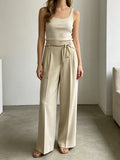 Chic Beige Tie-Belt Wide-Leg Pants | Pleated Tailored Trousers, Perfect for Work & Elevated Casual