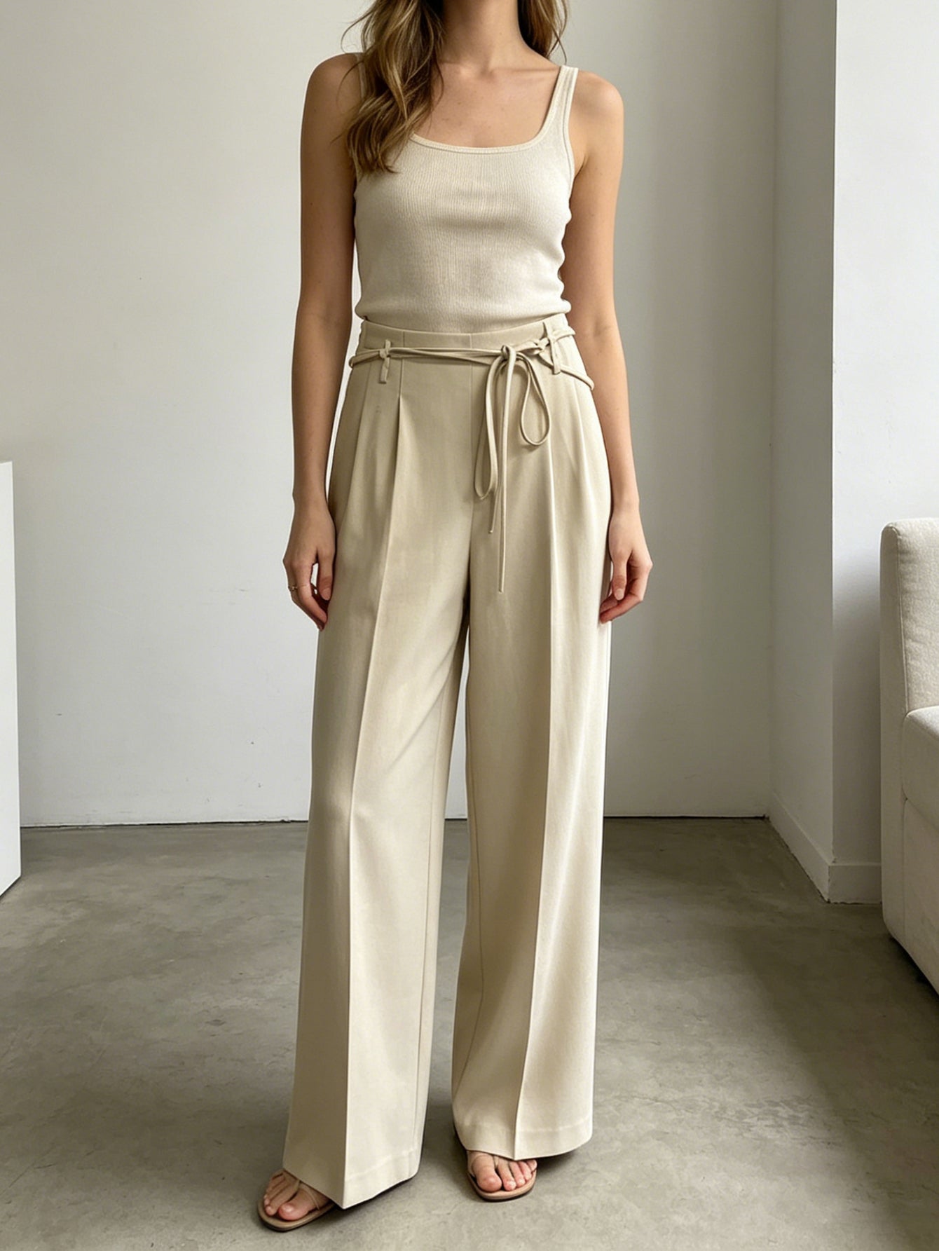 Chic Beige Tie-Belt Wide-Leg Pants | Pleated Tailored Trousers, Perfect for Work & Elevated Casual