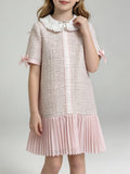 Girls Pink Tweed Dress Ruffle Collar Short Sleeve Pleated Hem Kids Party Dress