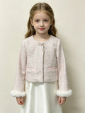 Pink Tweed Jacket and White Dress Set, with Faux Fur Cuffs and Rhinestone Bows—Elegant Children’s Formal and Party Wear