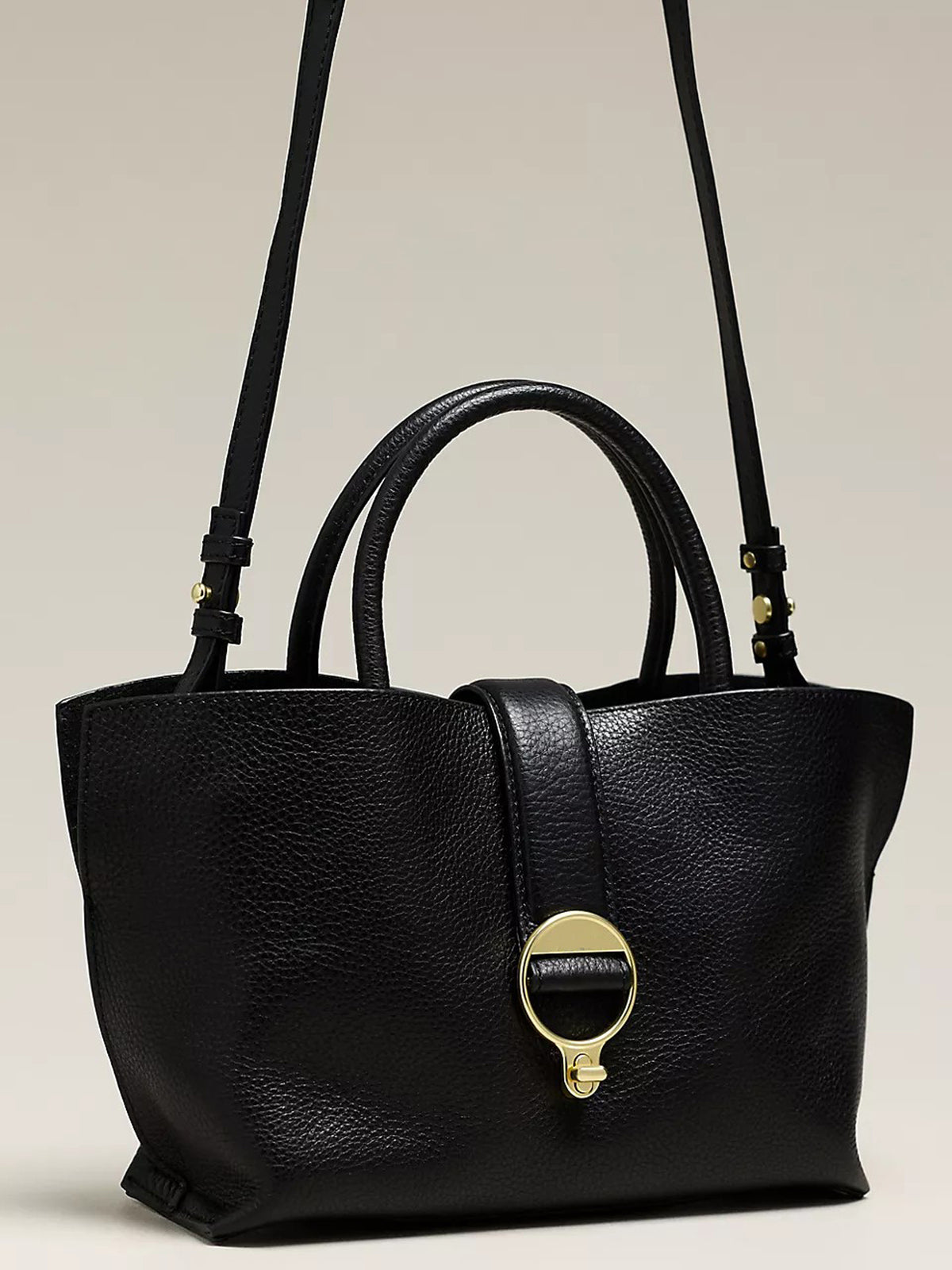 Black Gold‑Ring Lock Mini Tote Bag – Ladies 2‑Way Wear Faux‑Leather Handbag