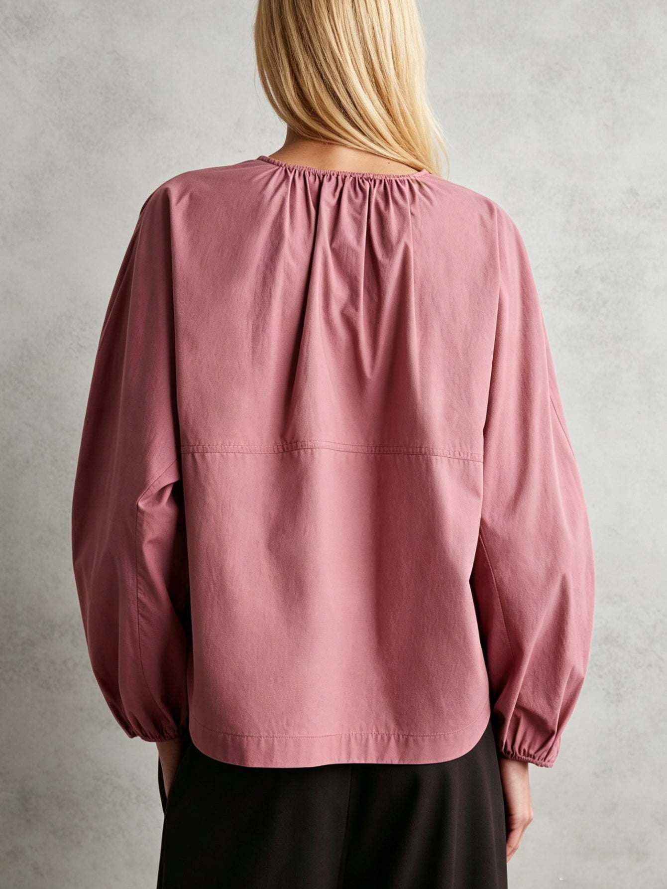 Dusty Pink Crew Neck Button-Up Blouse with Elasticated Neck & Cuffs | Flowy Long Sleeve Casual Top for Everyday & Vacation