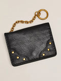 Women Vintage Black Card Holder | Pebbled Faux‑Leather Gold Rivet Chain Key Ring Mini Card Wallet