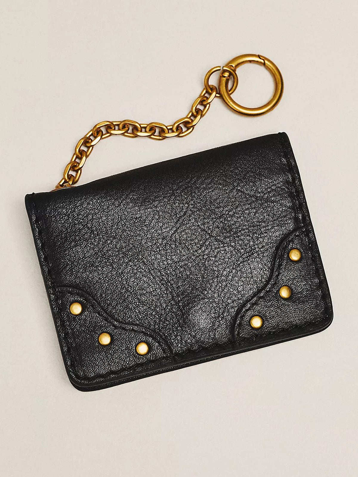 Women Vintage Black Card Holder | Pebbled Faux‑Leather Gold Rivet Chain Key Ring Mini Card Wallet