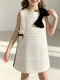 Girls Tweed Sleeveless Dress, Kids A-Line Party Dress with Large Black Velvet Bow