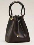 Women Dark Brown Bucket Bag | Pebbled Faux‑Leather Woven‑Wrap Handle Gold Hardware Drawstring Crossbody Purse