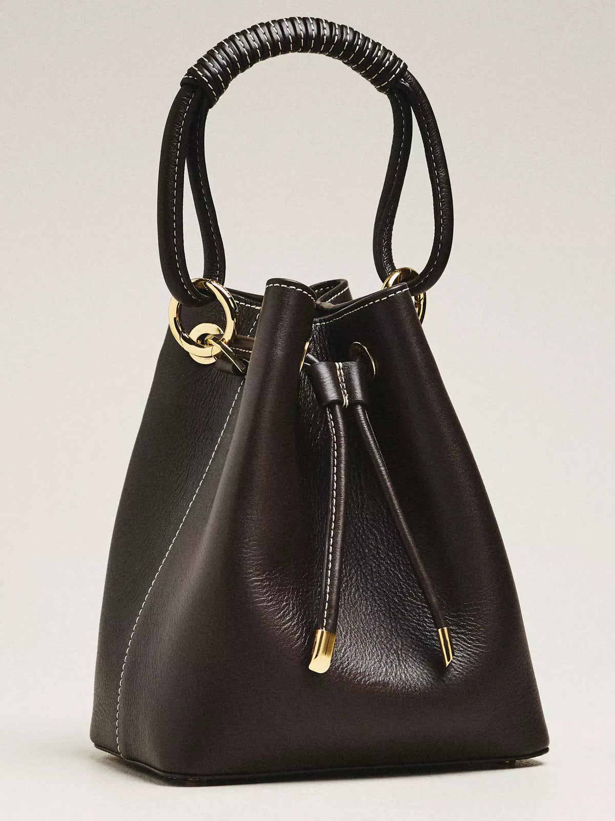 Women Dark Brown Bucket Bag | Pebbled Faux‑Leather Woven‑Wrap Handle Gold Hardware Drawstring Crossbody Purse