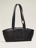 Women Black Minimal Shoulder Tote Bag | Faux‑Leather Contrast Stitching Adjustable Gold‑Buckle Strap Retro Purse