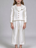 Cream Satin Girls 2 Piece Suit Cropped Blazer + Wide Leg Pants Formal Outfit